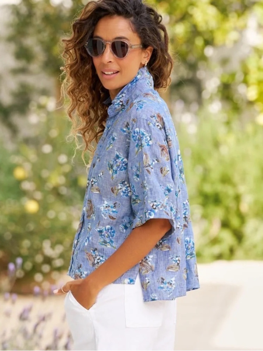 FRANK & EILEEN ‘Rosie’ 100% Linen Short Sleeve Shirt Floral & Bird Print - Picture 2 of 16